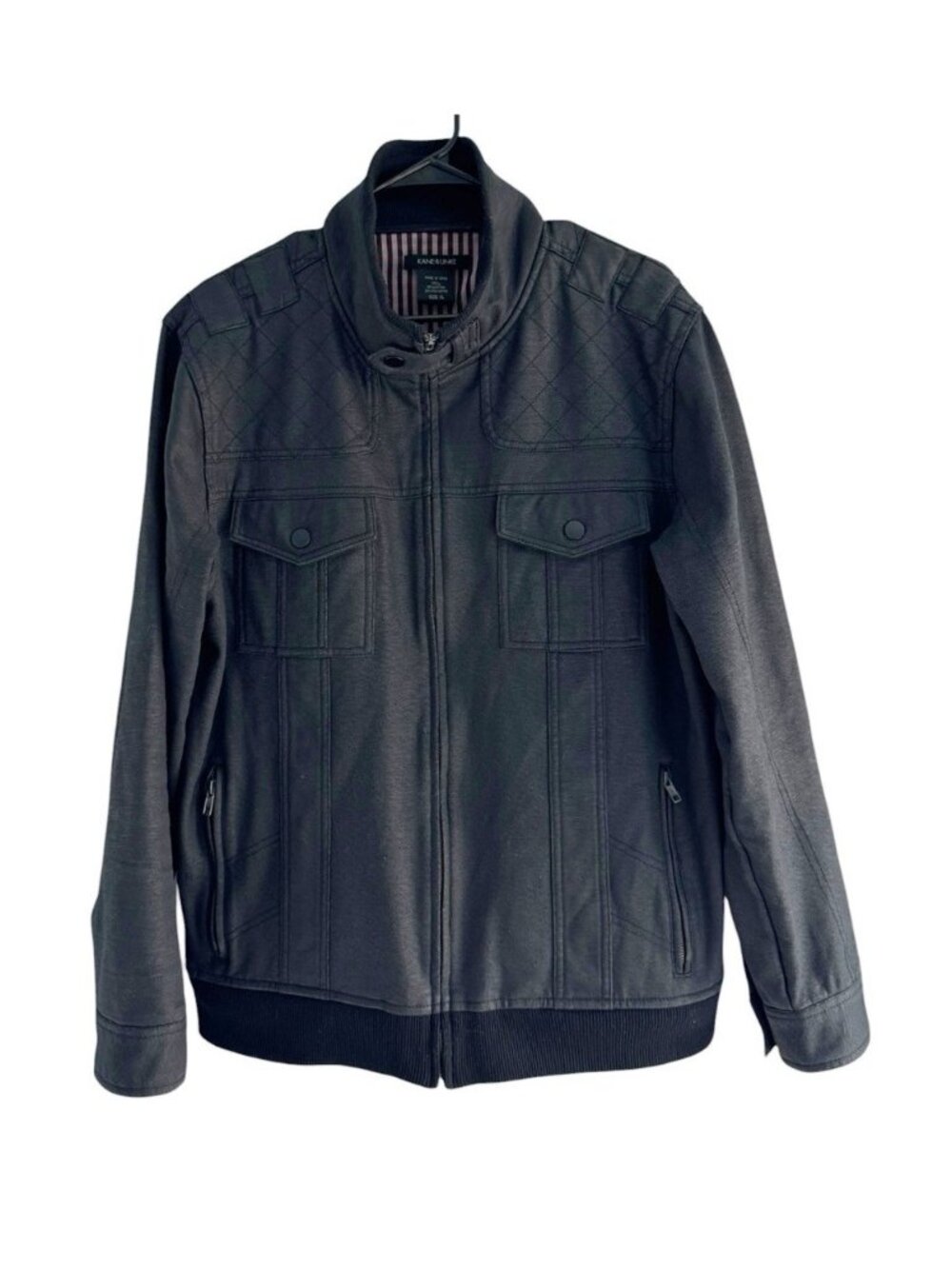 Kane & Unke Mens Sz XL Black Bomber Full Zip Ribbed Trim Jacket